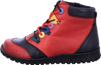 A side view of a red and black women's boot.