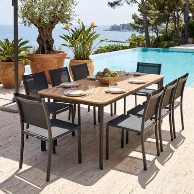 Produktbild von Tisch aus Aluminium und Teak und 8 Stühle Holz - Oviala Tempa