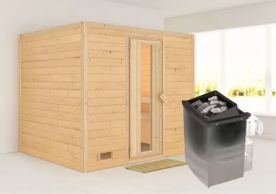 Produktbild von Karibu Sauna Innensauna Sonara Fronteinstieg Ofen 9 kW integr. Strg  231x195x200 cm ohne Dachkranz mit Energiespartür