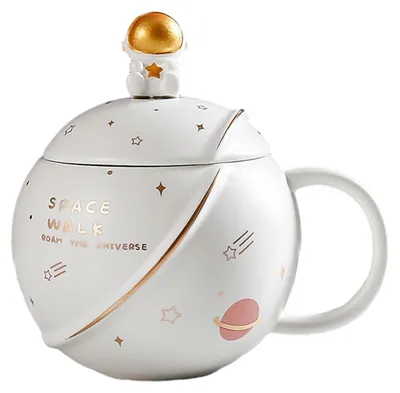 Produktbild von Astronaut Keramik Tasse mit Deckel und Löffel, 400ml Becher für Heißgetränke, spülmaschinenfest und sicher