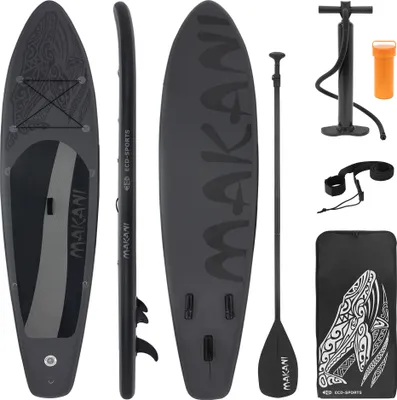 Produktbild von ECD Germany Aufblasbares Stand Up Paddle Board Makani, 320x80x15 cm, Schwarz, PVC, bis 120 kg, Pumpe Tragetasche Zubehör