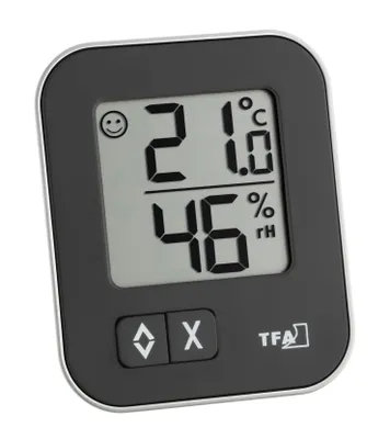 A digital thermo-hygrometer is shown against a white background.