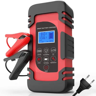 A red and black smart battery charger with a digital display and attached charging clamps, shown against a white background.
