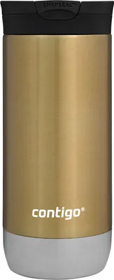 A gold and gray Contigo travel mug with a black lid.