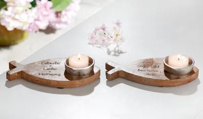Zdjęcie produktu dla GILDE Teelichtleuchter, "Glaube", Spruch, Mangoholz, naturfarben, , 2 Stück wie abgebildet, L. 9 cm, B. 18 cm, H. 3 cm 50410