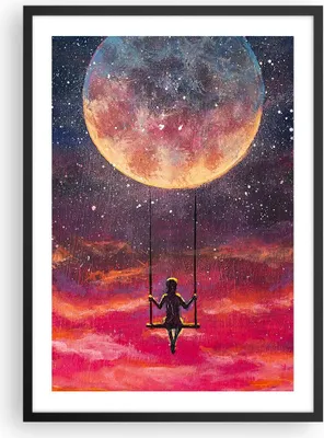 Produktbild von Gerahmtes Poster - Schwarzer Rahmen - Mond Schaukel Frau - 50x70 cm - Wand Bild - Wanddeko - Wandbilder - Kunstposter - Wandposter - Bilderrahmen - Bilder - Kunstdruck - P2BPA50x70-5095