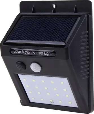 A black solar motion sensor light with 20 LEDs is shown against a white background.