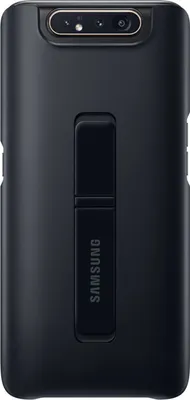 A black Samsung phone case with a kickstand is shown from the back.
