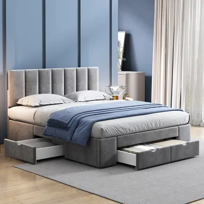 Produktbild von Polsterbett, 140x200 cm, Doppelbett mit Lattenrost und 4 Schubladen, gepolsterter Kopfteil höhenverstellbar, Bezug aus Samt