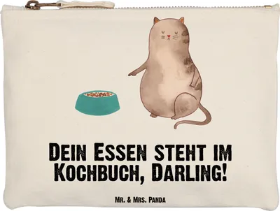Produktbild von Mr. & Mrs. Panda Mäppchen Katze Fressen Grösse XL Große - Weiß - Geschenk, Federtasche, Kosmetiktasche, kosmetiktäschchen, Kulturtasche, Stoffbeutel, Kulturbeutel