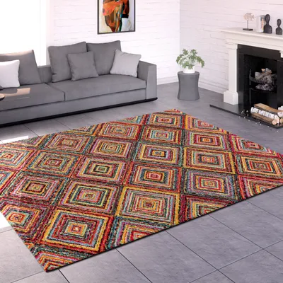 Image de Tapis salon à poils courts, design ethnique, motif géométrique, motif losanges, dimensions 200 x 290 cm