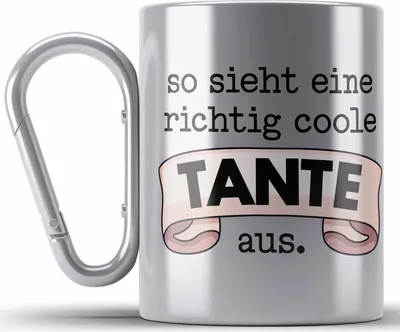 Produktbild von Trendation - Beste Tante Geschenk Edelstahl Tasse Karabiner mit Spruch Karabiner Edelstahl Tasse Karabiner Edelstahl für Coole Tante (Silber)