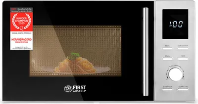 A black and silver microwave oven is shown with food inside and a digital display showing '1:00'. There are several labels and buttons on the front.