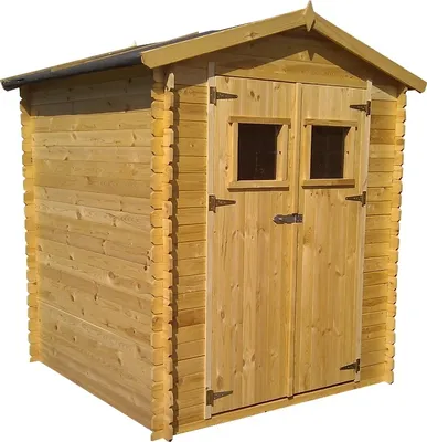 A wooden garden shed with double doors and two small windows.