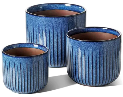Zdjęcie produktu dla Zestaw 3 doniczek ceramicznych w kolorze oceanowym, o średnicach 21, 17 i 14 cm, z otworami drenażowymi