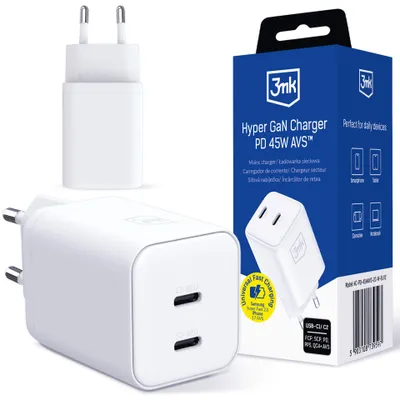 Immagine prodotto di 3mk Hyper GaN Charger Caricabatterie USB C PD 45W QC4+ Bianco