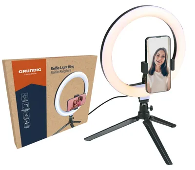 Zdjęcie produktu dla Grundig Selfie Ringlicht 10 cali – pierścień świetlny ze statywem i uchwytem na telefon komórkowy – 120 diod LED do filmów i selfie – elastyczna szyjka – złącze USB