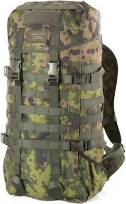 A camouflage backpack against a white background.