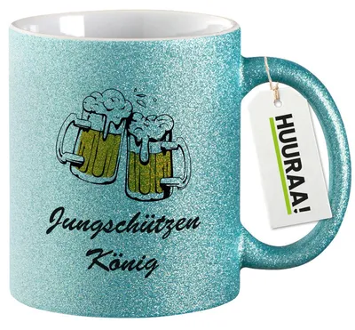 Produktbild von Huuraa Glitzertasse Jungschützenkönig Schützenfest 330ml Blau Keramik Kaffeebecher Geschenkidee