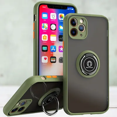 Obrázek produktu pro Pouzdro pro iPhone 11 Pro matné průsvitné TPU pouzdro s prstencovým držákem a stojánkem Armádní zelená