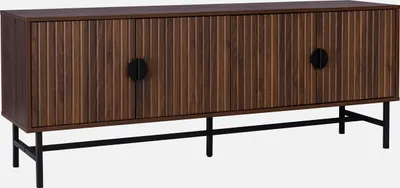 A dark wood TV stand with fluted doors and black metal legs, presented against a white background.