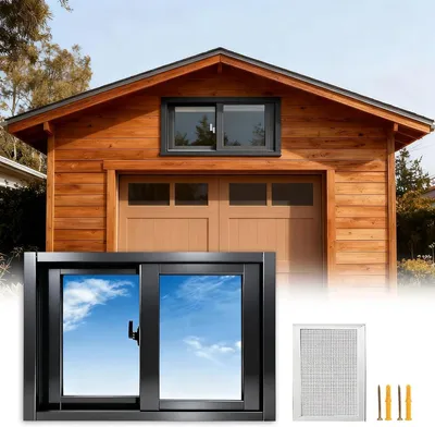 Produktbild von Schiebefenster aus Aluminium in Grauschwarz, 78 x 30 cm, 78 x 40 cm, 81 x 35 cm, 81 x 35 cm und 32 x 16 cm, für Schuppen, Badezimmer und Hühnerstall, mit sicherer Verriegelung