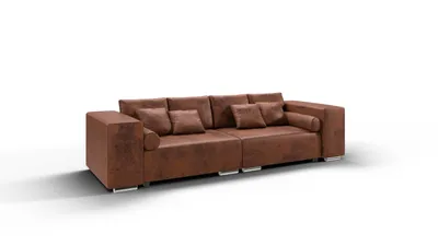 Produktbild von Big Sofa Nero mit Schlaffunktion, Boxspringfederung, Lounge Sofa mit vielen losen Kissen aus Braun Luxusmicrofaser Vintageoptik, B/T/H: 290 cm/110/80