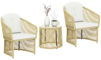 Produktbild von Outsunny Bistro-Set, Rattan-Gartenmöbel-Set mit Kissen, Cremeweiß