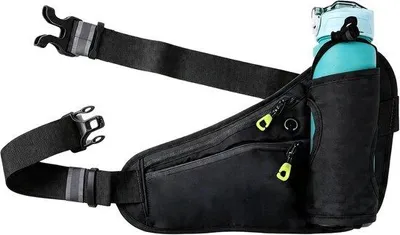 Produktbild von Laufgürtel mit Trinkflasche – Schwarz – Verstellbare Hüfttasche für Damen und Herren – Wasserdicht und atmungsaktiv für Joggen und Radfahren