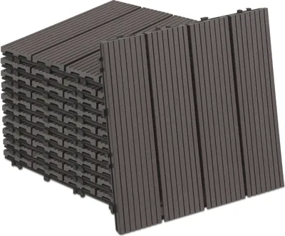 Produktbild von Clanmacy 1 qm Terrassenfliesen, 30x30cm WPC Fliesen, 11 Stück Klickfliesen, Balkonfliesen, Holzfliesen, Wetterfest, Anti-Rutsch, Dunkelbraun - 4-Streifen