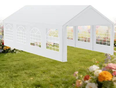 Productafbeelding van NAIZY 4x8 meter witte partytent voor de tuin, met verstevigd vloerframe, PE-dak en zijwanden met ramen, veelzijdig inzetbaar voor feesten en evenementen