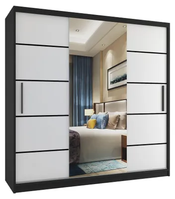 Image de BELINI Verona : Armoire coulissante de 200 cm, noire et blanche, finition mate. Armoire avec miroir et 4 tiroirs, idéale pour la chambre