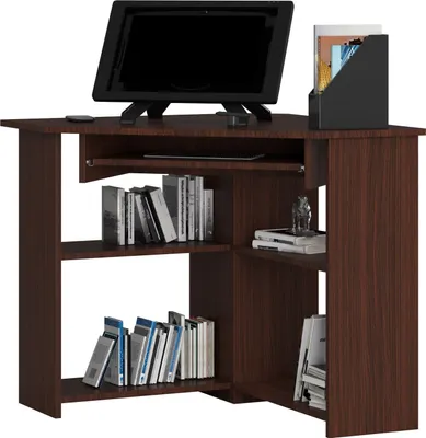 A corner desk with a monitor, books, and a magazine holder.