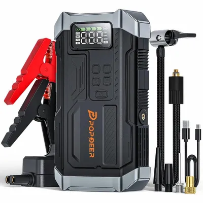 Produktbild von POPDEER PD-JA3 4-in-1 Starthilfe 5000A – 150 PSI Reifenkompressor, 12V USB Powerbank mit LCD-Display, 10L Benzin / 8L Diesel