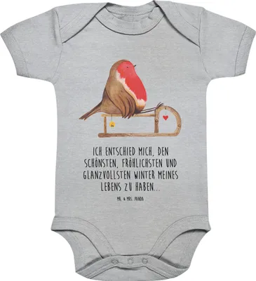 Produktbild von Mr. & Mrs. Panda babykleidung body Rotkehlchen Schlitten 3. - 6. Monat - Heather Grey - Geschenk, baumwolle, Strampler Baby, Babybody, Weihnachten, Einteiler, Vogel