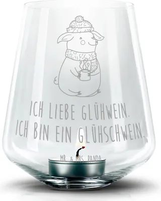 Produktbild von Mr. & Mrs. Panda Glas Windlicht Schwein Glühwein - Transparent - Geschenk, Glühschwein, Laterne, Kerzenglas, Kerzenhalter, Weihnachtsmarkt, Weihnachten, Teelichthalter