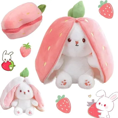 Produktbild von Hasen Verstecken, Plüschtier, 25CM Gefülltes Kaninchen mit Karotten und Erdbeeren, Kuscheltier Hase, Hasenpuppe, Hasenplüsch, Geburtstagsgeschenk Rosa