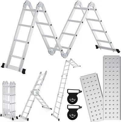 Productafbeelding van 4x4 aluminium multifunctionele ladder tot 150 kg, 4,7 meter multifunctionele ladder met platform, ladder met 2 steigerplanken, opklapladder, multifunctionele ladder, opklapladder met 16 treden, zilver