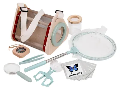 Produktbild von Kabi Insektenfänger-Set aus Holz – 8 Teile (Teleskop-Kescher, Lupe, Pinzette, Beobachtungsdose, Kompass, Lernkarten) – Montessori Naturspielzeug ab 3 Jahren, CE & EN71