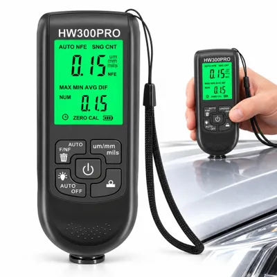 Produktbild von Lackschichtdickenmessgerät HW300PRO – Schichtdickenmessgerät Auto zur Lackprüfung, Fe/NFe-Modus, µm/mm/mils, beleuchtetes Display – Schwarz