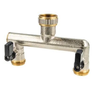 Produktbild von tecuro 2-Wege Verteiler 3/4 Zoll mit 2 x Kugelventil, für Zapfstelle, Messing vernickelt
