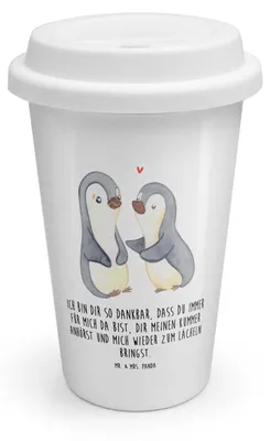 Produktbild von Mr. & Mrs. Panda ToGo Kaffeebecher Pinguine trösten - Weiß - Geschenk, für Frauen, Hochzeitstag, To Go, Trinkbecher, Jahrestag, Thermobecher, Mitbringsel, Freundin