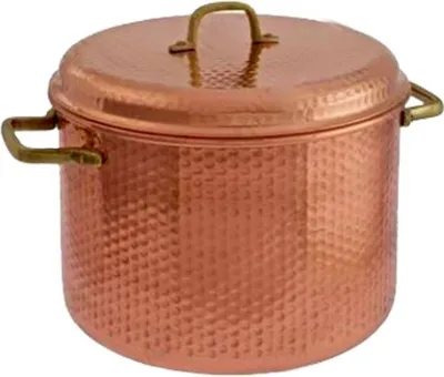 A copper pot with a lid and handles, shown from the front on a white background.