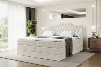 Produktbild von ALTDECOR Boxspringbett mit 2 Matratzen und Topper - 200x200 cm - VILA-1 KING - Creme Samt - Polsterbett mit, H3- und H4- Matratzen, Bettkasten und Lattenrost, Bett mit Stauraum
