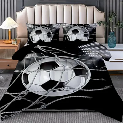 Obrázok produktu pre Omgoods – Súprava posteľnej bielizny s motívom futbalu – 3D potlač futbalu, mikrovlákno, prikrývka s dvoma vankúšovými obliečkami