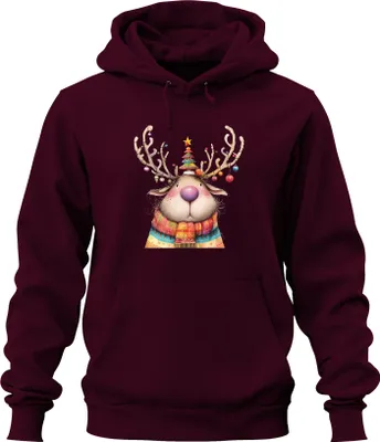 Produktbild von Niedliches Weihnachtsrentier rosa Nase bunter Schal Geschenk Uni Hoodie Kapuzenpullover, Burgundy, XL