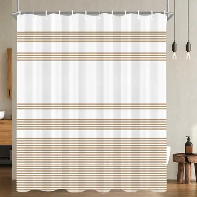 Productafbeelding van Douchegordijn, 120x200 cm, beige, met geometrische strepen, verzwaard onderrand, schimmelwerend, waterafstotend, wasbaar polyester douchegordijn met 12 ringen en bevestigingsogen, geschikt voor badkamer en bad.