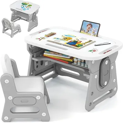Imagen del producto de Mesa infantil con altura ajustable y silla, set de mesa y silla para niños con pizarra y compartimento de almacenamiento, mesa para dibujar y escritorio para estudiantes con patas antideslizantes, para niños a partir de 3 años (gris)