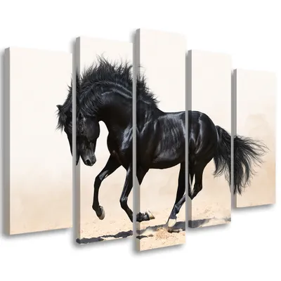 Produktbild von 5-teiliges leinwandbild galopp der schwarzen pferde 200x100 cm Feeby schwarz wandbild bereit zum aufhängen
