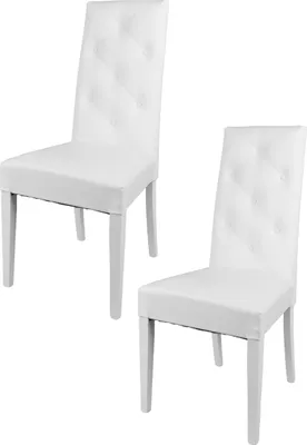 Two white dining chairs are shown against a white background.